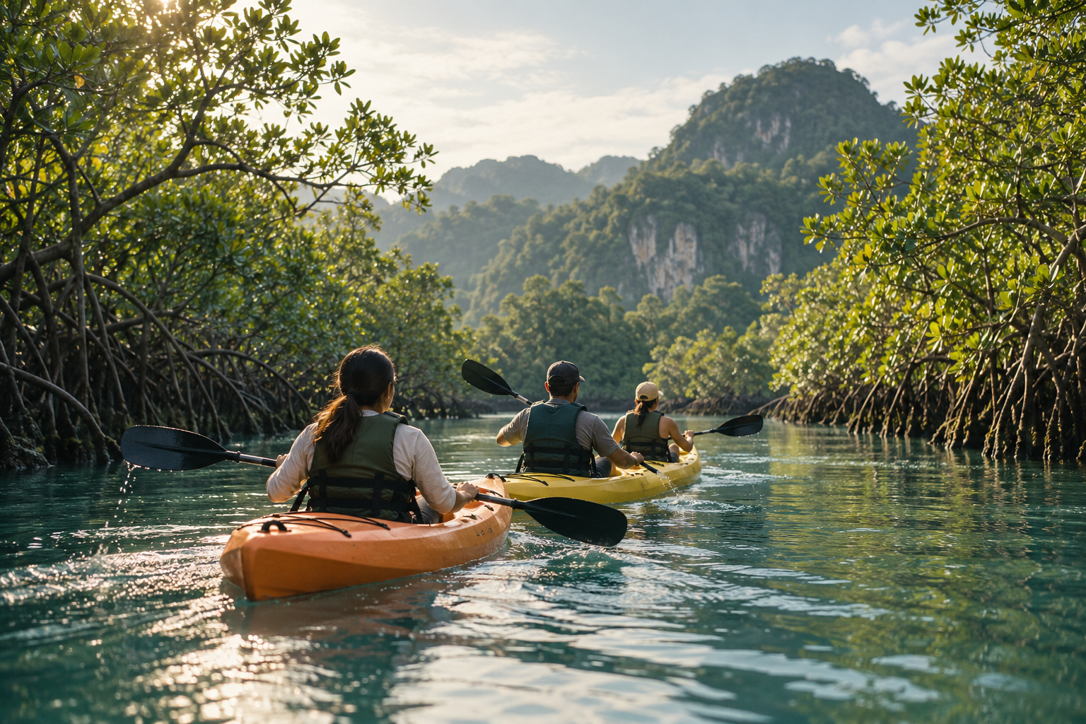 Illustrative scene of friends kayaking through tropical mangroves